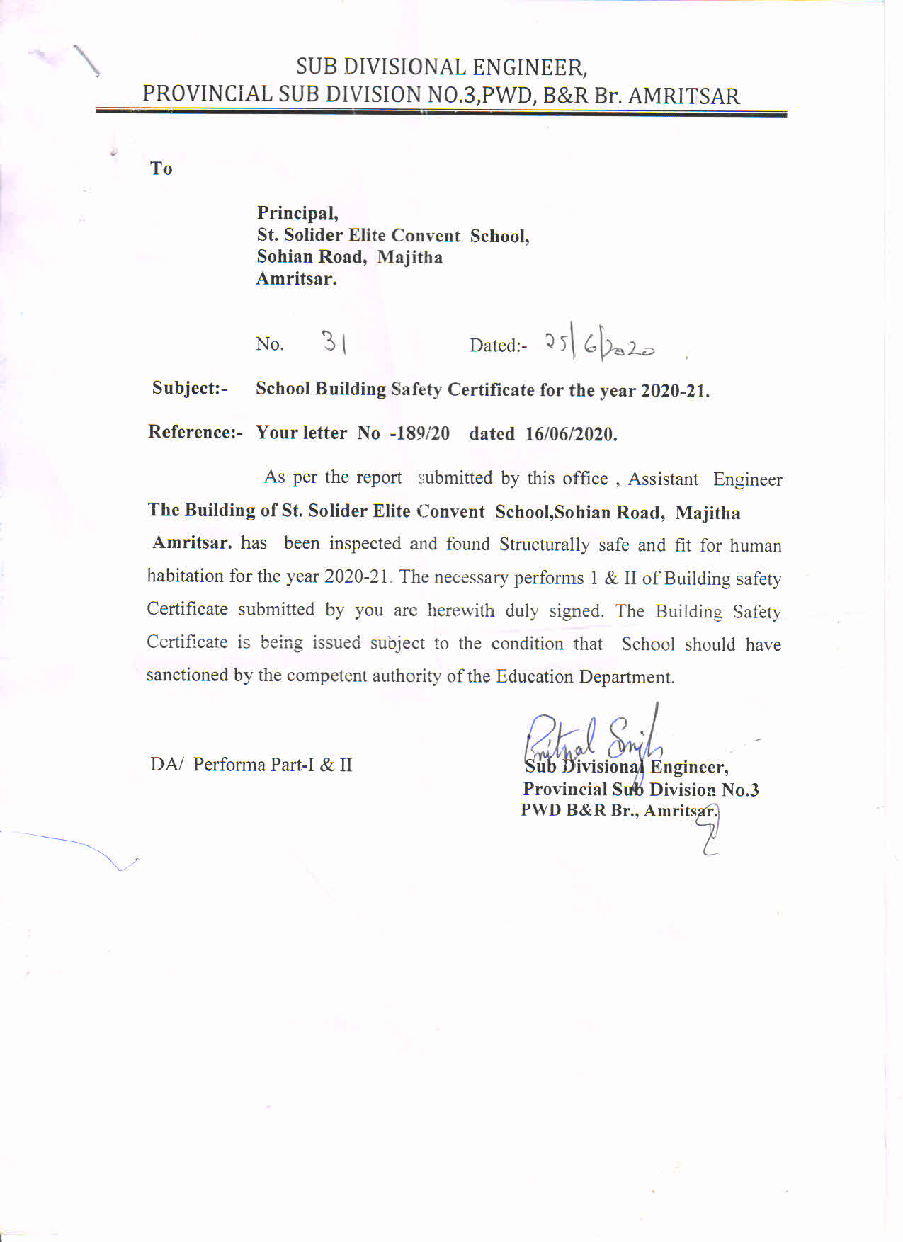 Building Safety Certificate - St. Soldier Elite Convent School Majitha